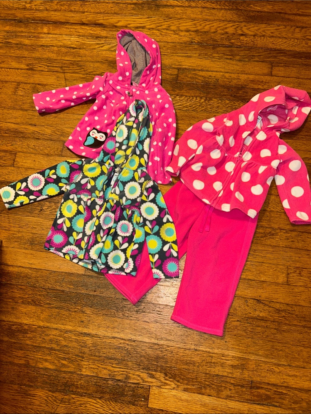 Old Navy Bright Pink Polka Dot Hooded Pajama Set with Floral Hooded Top